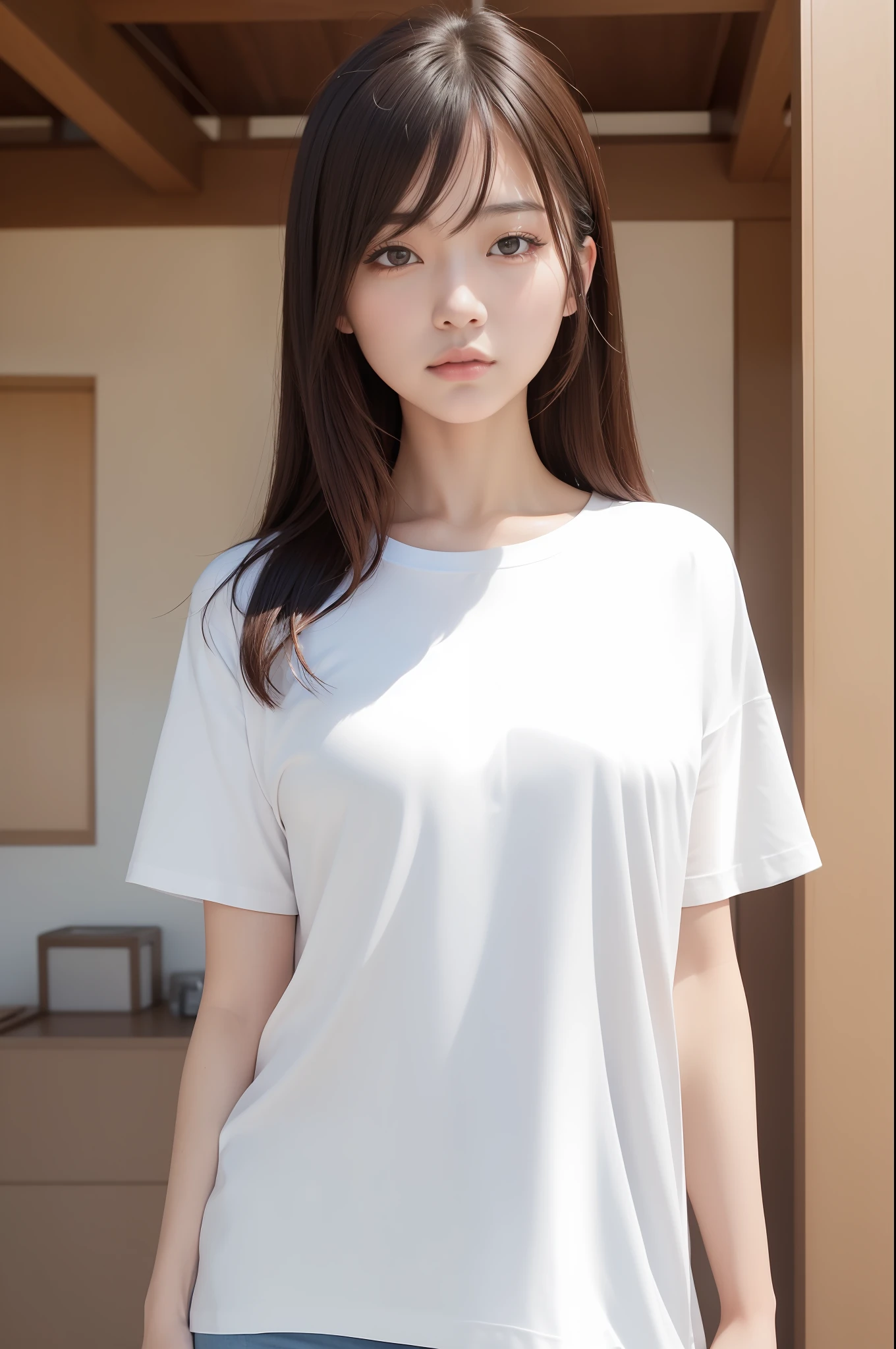 8K, best quality, (masterpiece), (photorealistic), (realistic), (ultra high definition), ray tracung, (straight at the camera), 1 girl, japanese female, high definition cute face, high definition closed mouth, high definition eyes, above waist, white T-shirt