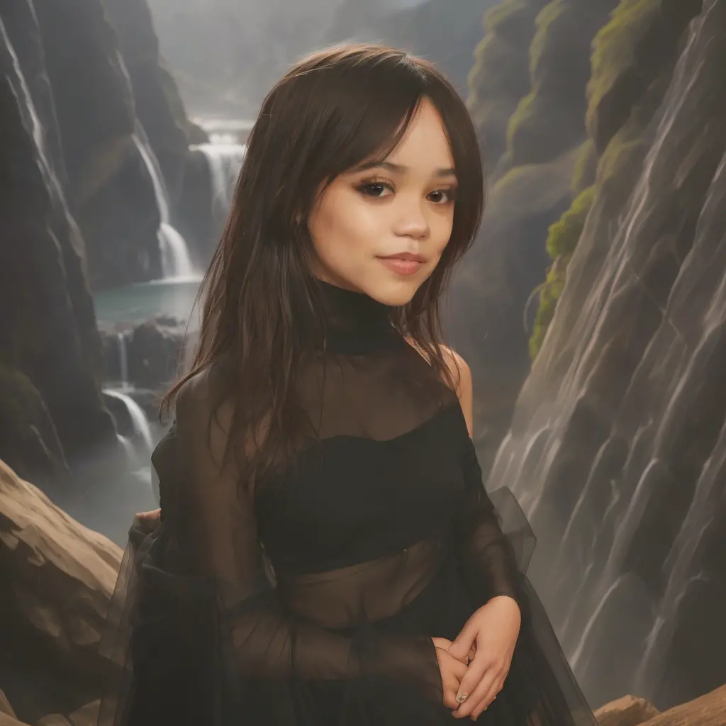 Foto RAW, una foto de retrato de la mujer JennaOrtega sonriendo con vestido negro de encaje, noche, fondo una cascada, (piel de ...