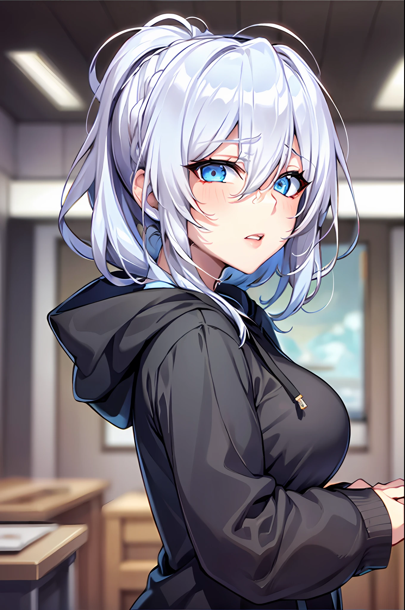 Yukino, Silver hair and  eyes in a black hoodie, anime visual of a cute girl, screenshot from the anime film, & her expression is solemn, ahegao face, in the anime film, in an anime, anime visual of a young woman, she has a cute expressive face, still from anime, perfect breast