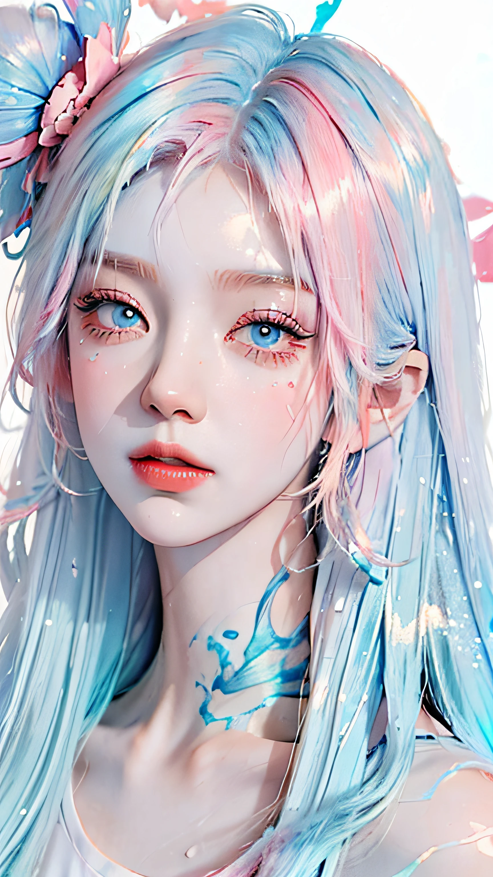 (Masterpiece, Best Quality, High Resolution), White Background, Acrylic Paint, ((Color Splash, Splash of Ink, Color Splash)), Sweet Chinese Girl, Long Light Blue Hair, [Light Blue|Pink] Hair, Curly Hair, Glitter, Peach Lips, White Shirt, Front, Upper Body