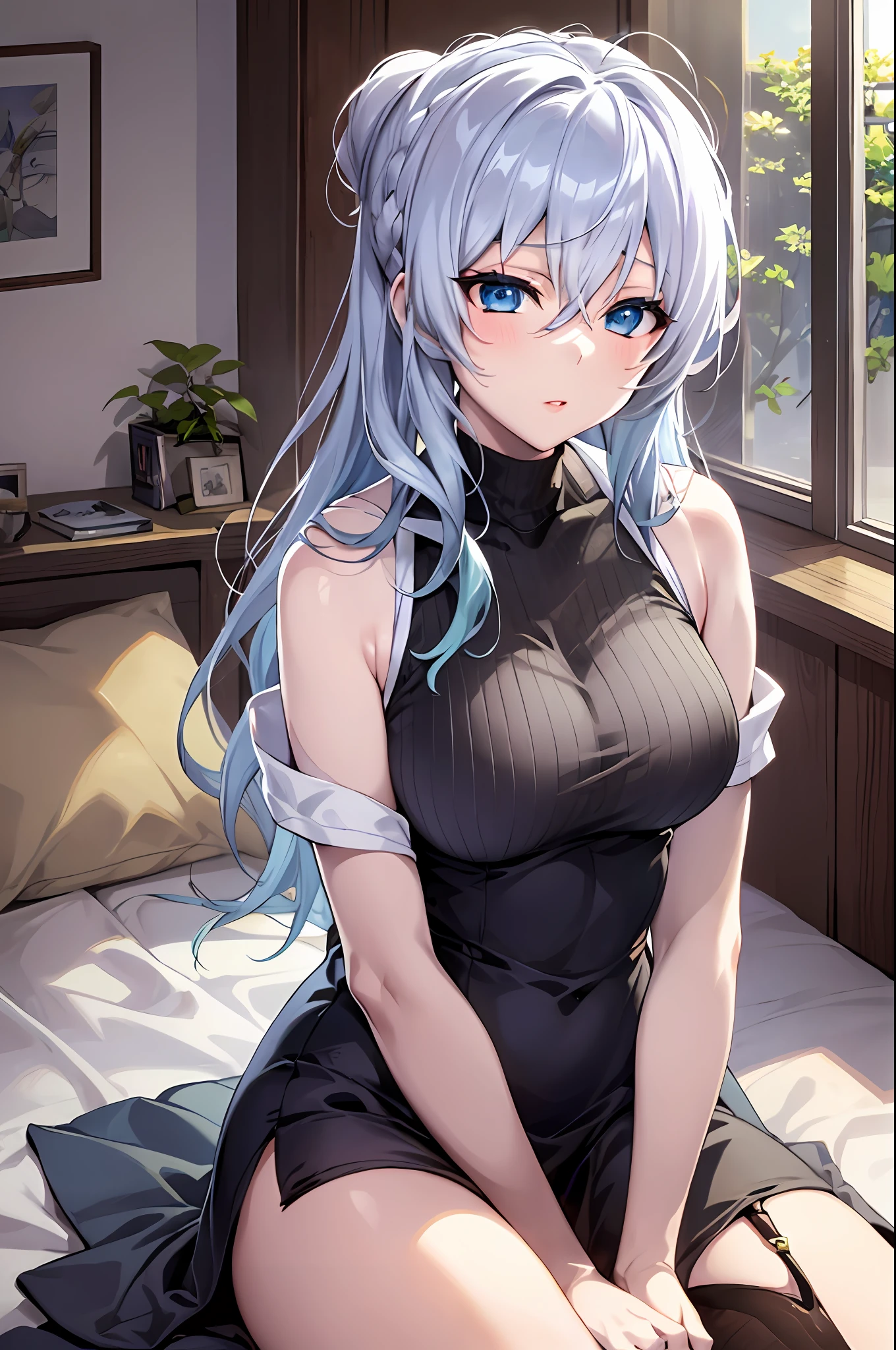 Yukino, sentado em uma cama with her legs crossed, seductive Menina anime, cabelos prateados e olhos azuis, attractive Menina anime, cute Menina anime, Menina anime, sentado na cama dela, (Menina anime), Anime Melhor Garota, sentado em uma cama, sentado na cama, an Menina anime, pretty Menina anime