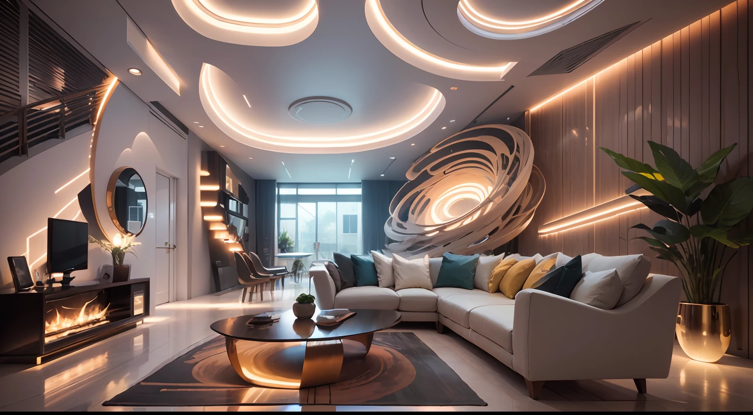 Fotografía arquitectónica loca y detallada con gran angular, cozy modern living habitación, intercalados con luces y sombras, Diseño de interiores con tecnología futurista premiado., arquitectura, muebles, interior, arquitectura, living habitación, habitación, alfombra, plantas, Decoración del hogar, sofá, silla, Diseño de interiores lleno de estilo técnico futurista., surrealism, arte deco, interior arquitectura, luz brillante, perspectiva en primera persona, Lente gran angular, panorama, 135mm, HD, Alto detalle, 8K, Alta resolución