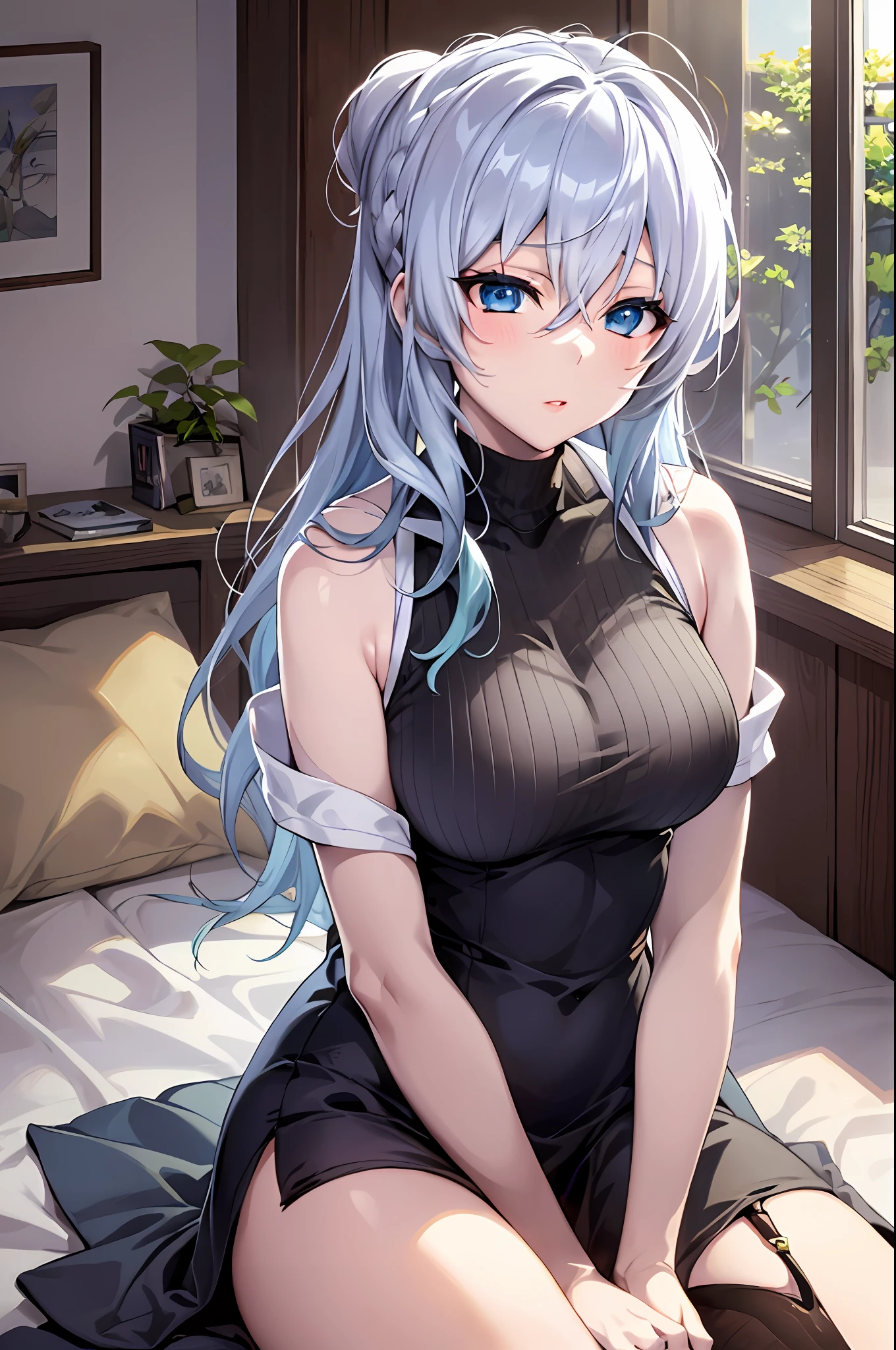 Yukino, sitting on a bed with her legs crossed, seductive anime girl, silver hair and blue eyes, attractive anime girl, cute anime girl, anime girl, sitting on her bed, (anime girl), anime best girl, sitting on a bed, sitting on the bed, an anime girl, pretty anime girl