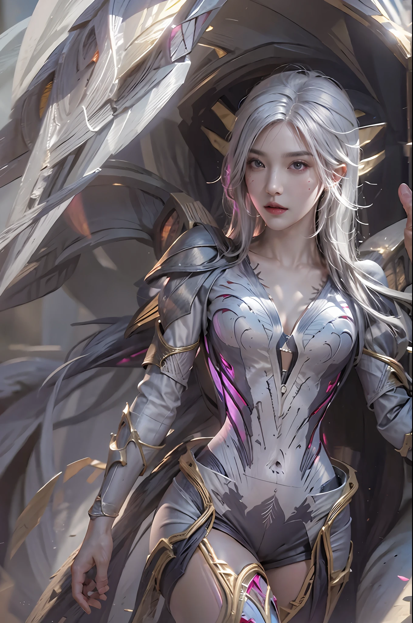 photorealistic, high resolution, 1women, solo, hips up, look at viewer, (detailed face), white hair, kai'sa /league of legends, bodysuit, void wings
