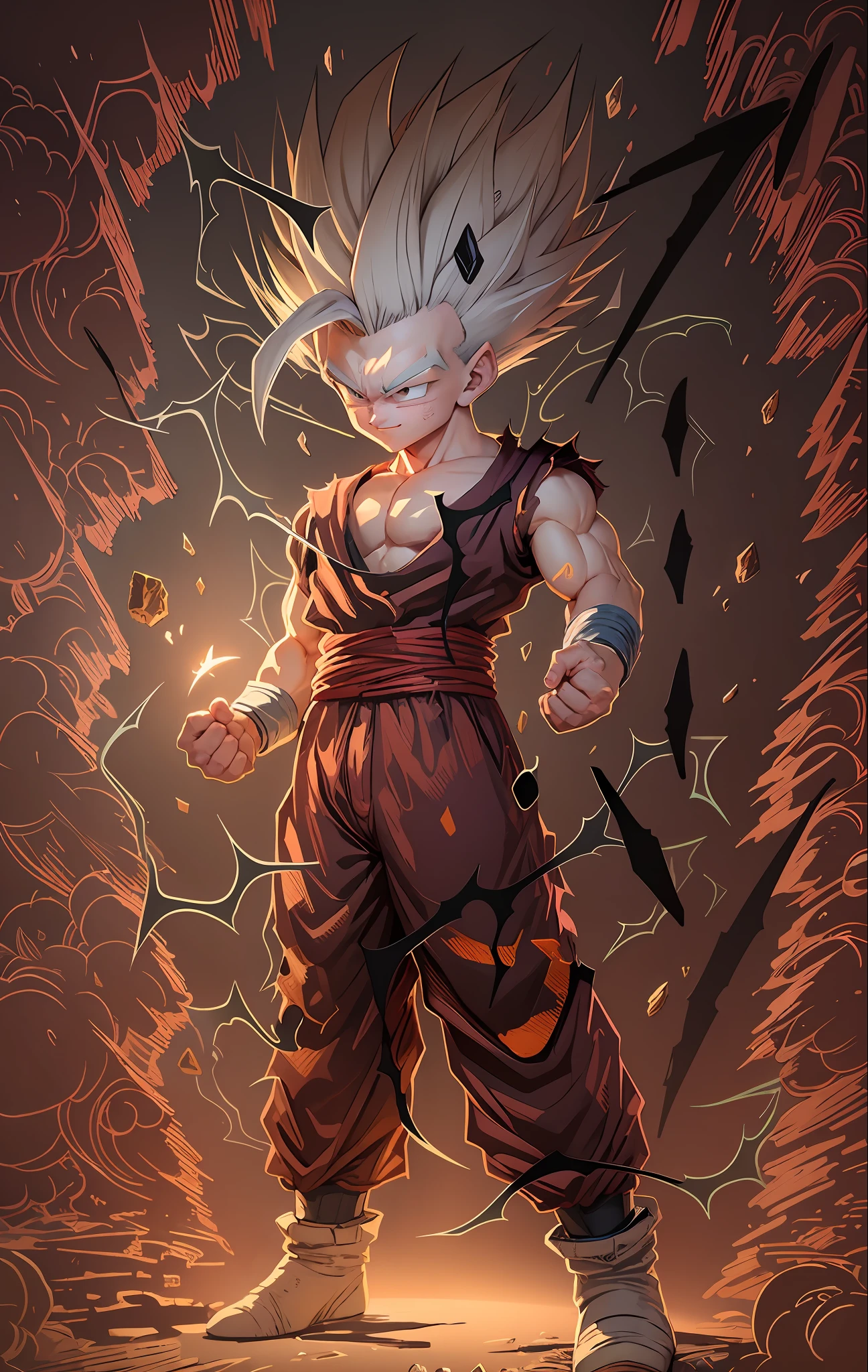 Obra de arte, melhor qualidade, ultra-detalhado, Gohan adulto 1boy, Sozinho, corpo todo, sorriso maléfico, cabelo cinza, cabelo espetado, olhos vermelhos, dougi, corpo todo, olhando para o espectador, foco masculino, terra \(planeta\), planeta, espaço, chão rachado e pedras subindo, escombros subindo,