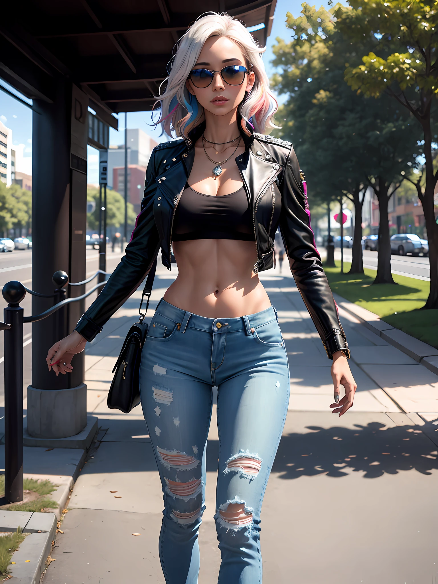 photorealistic, ultra realistic,3D, artstation, cgsociety, 8 k,
award winning photography of a beautiful woman walking at  the park, (fashion), (multi color hair:1.2), cheekbones, detailed face, Bejeweled,  a nice long leather jacket, torn jeans, topless, (exquisitely detailed skin, perfect anatomy, wide hips, smooth midriff, thigh gap), sunglasses
colorful, vibrant