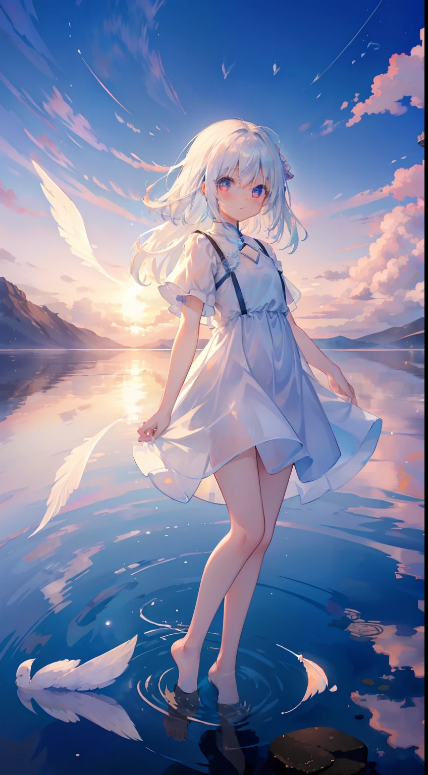 Una chica、Salar de Uyuni、reflejos en el agua、resplandor de la tarde、ren、pequeño lindo、pelo blanco、Cabello revoloteando、vestido blanco、mangas cortas、Plumas cayendo al agua、pluma、alas de angel