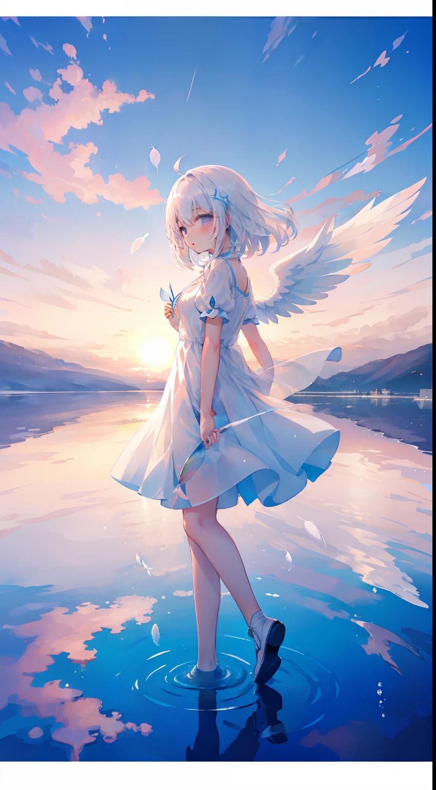 Une fille、Salar d&#39;Uyuni、reflets de l&#39;eau、lueur du soir、Ren、mignon petit、cheveux blancs、cheveux flottants、Robe blanche、manches courtes、Plumes tombant dans l&#39;eau、plume、Ailes d&#39;anges