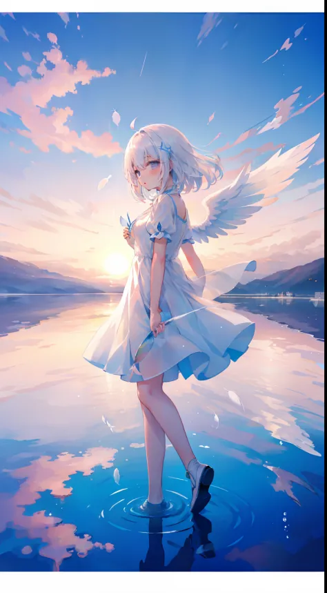 One girl、Salar de Uyuni、water reflections、evening glow、ren、cute little、white  hair、Fluttering hair、White Dress、shortsleeves、Feat...