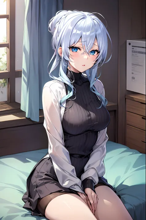Yukino, sitting on a bed with her legs crossed, seductive anime girl, silver hair and blue eyes, attractive anime girl, cute ani...