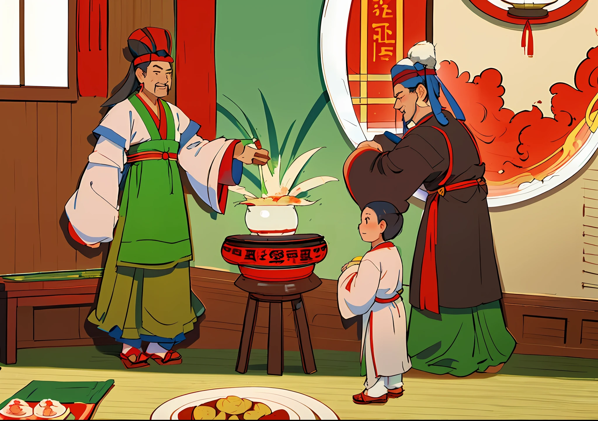 Three people, yiqiang and shurakrgt, Wearing ancient Chinese clothes, robed figures sat around a table, Chinese traditional, Song Dynasty, Official illustration, offering a plate of food, Ruan Jia and Fenghua Zhong, full-colour illustration, Traditional Chinese clothing