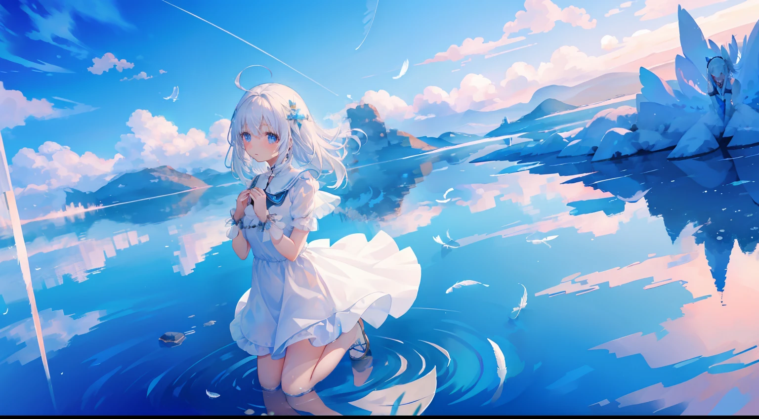 One girl、Salar de Uyuni、Stand kneeling、wish、Shoku、fit hands、Beautiful sky、a lot of feathers、water reflections、Evening glow、ren、cute little、white  hair、Fluttering hair、White Dress、shortsleeves、Feathers falling into the water、pluma、Angel wings