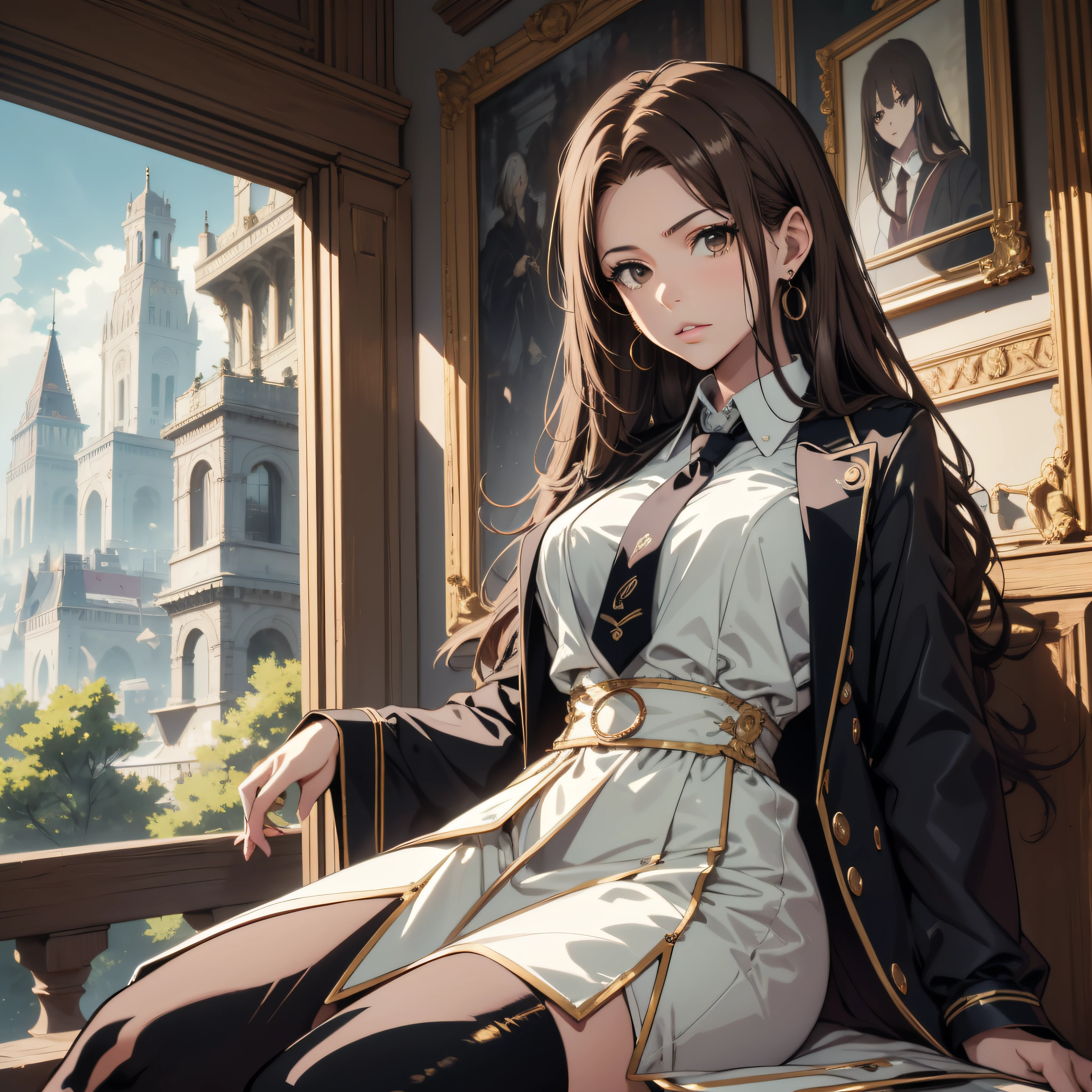 (best quality, masterpiece, ultra-detailed, extremely detailed, highres), (1girl, single, solo), 16 years old Anime girl, brown hair, long raven hair, slightly wavy hair, parted bangs, Magus, brown eyes, diamond earrings, long black coat, necktie, white shirt, black skirt, aristocrat, noble attire, beautiful, ethereal, elegant, prestigious, classic, royal building, natural lips