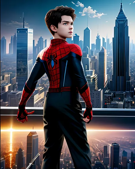 Create a breathtaking masterpiece with stunning ray tracing effects，Spider-Man Little Boy, Epic, Cinematic, hypperrealism, hdr，Without a hood，Expose the face，Black color hair，brunette color hair，Navigate in high-rise buildings