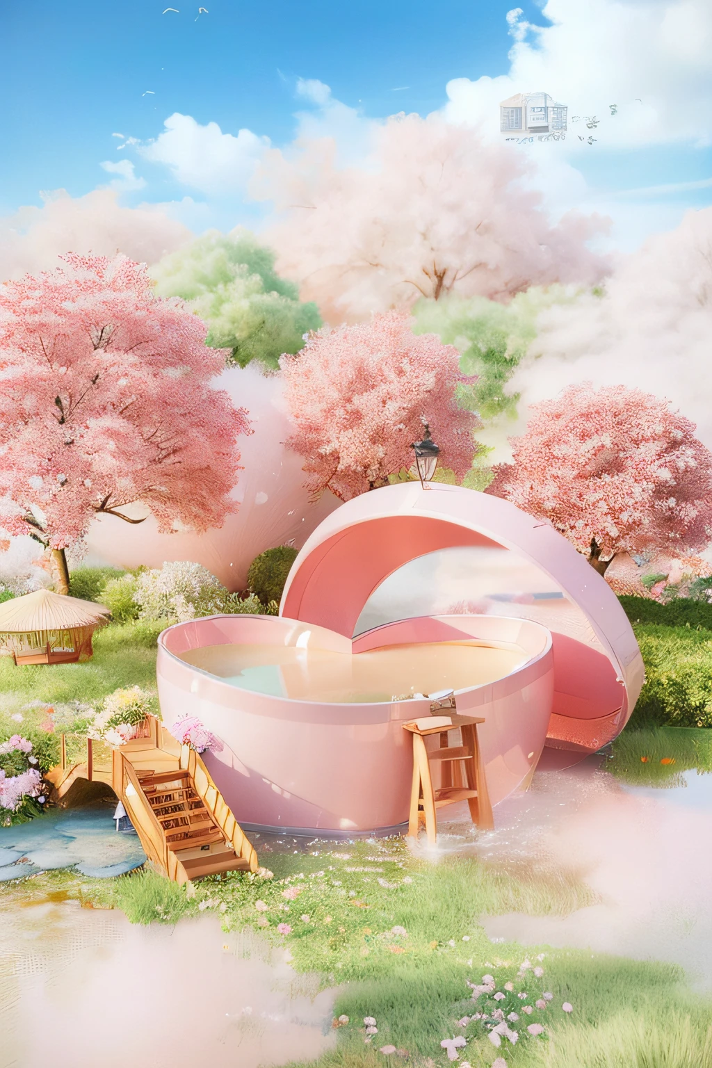 There is a small pink boat floating in a pond with a bridge, lie on white clouds fairyland, dreamy scenes, pink landscape, dream scenery art, dreamlike illustration, very magical and dreamy, cotton candy trees, DreamlikeArt, cute 3 d render, Dreamy, Official artwork, lost in a dreamy fairy landscape, dreamy aesthetic, blurry and dreamy illustration, surreal 3 d render