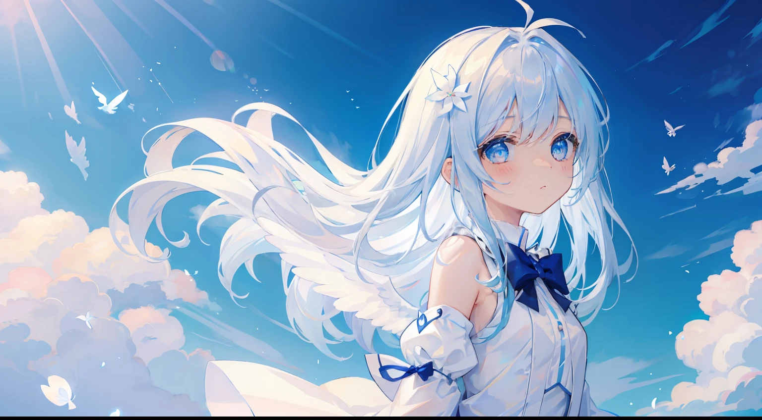 Une fille、sur les nuages、paradis、angélique、Robe blanche、Ailes d&#39;anges、Sol blanc、​​des nuages、Ren、Beau ciel bleu、cheveux flottants