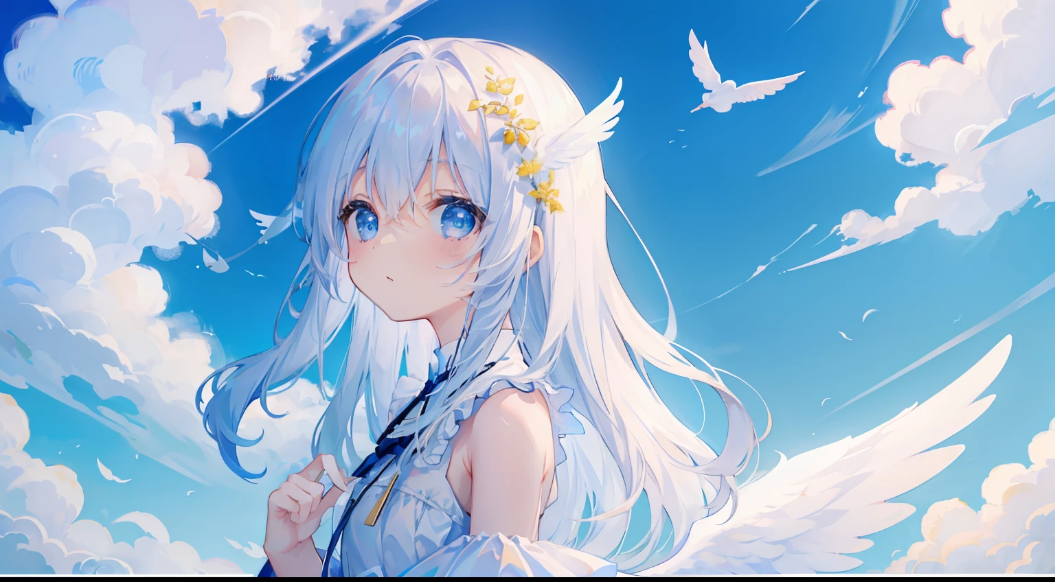 Une fille、sur les nuages、paradis、angélique、Robe blanche、Ailes d&#39;anges、Sol blanc、​​des nuages、Ren、Beau ciel bleu、cheveux flottants