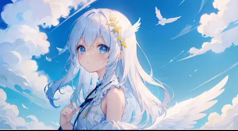 One Girl、on clouds、heaven、angelicales、White dress、Angel wings、White floor、​​clouds、ren、beautiful blue sky、Fluttering hair