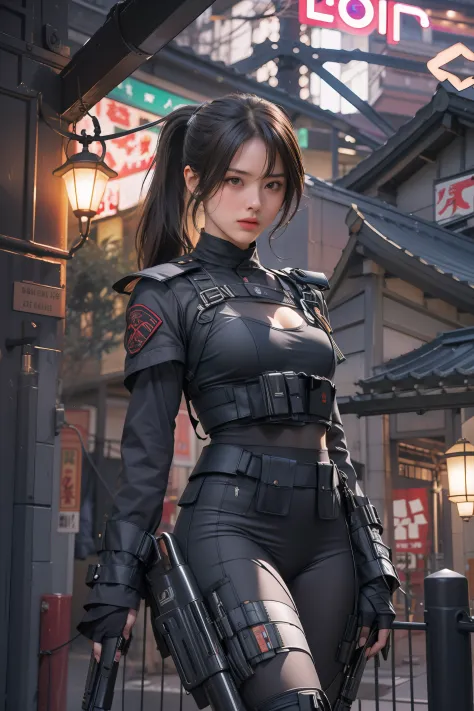 A dark-haired,(ponytail),big eye,full body,Japan beauties,Korean Idol,45-years old,(small tits),flat-chest,top-quality,masterpiece,8K,cowboy shot,1 woman, Elegant beauty, Radiant skin, Detailed facial expressions, (Style Dynamic:0.8),heavy Armed girls ,swa...