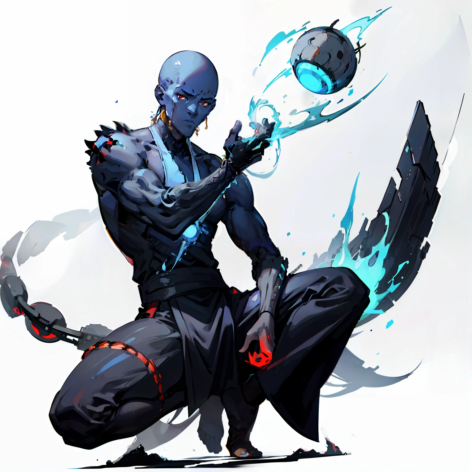 Monk, full body shot, no background, white background, black clothes, red eyes, male, skin head, blue flame from hand