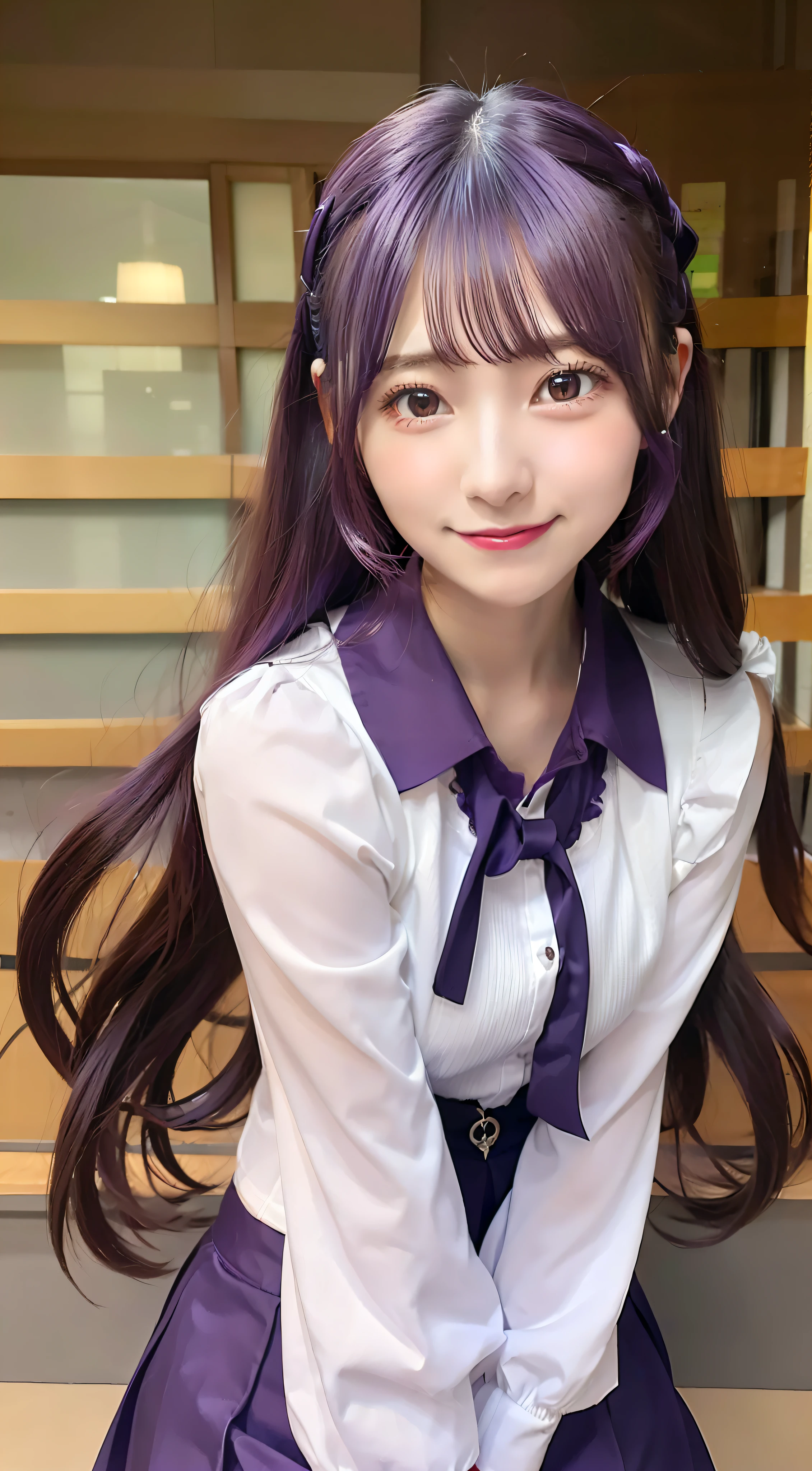 1girl in, senjougahara hitagi, 独奏,  juliet sleeves, student clothes, Purple hair, The shirt,   Super long hair, Purple skirt, A smile、japanes、a picture、kawaii、Women's Olympians