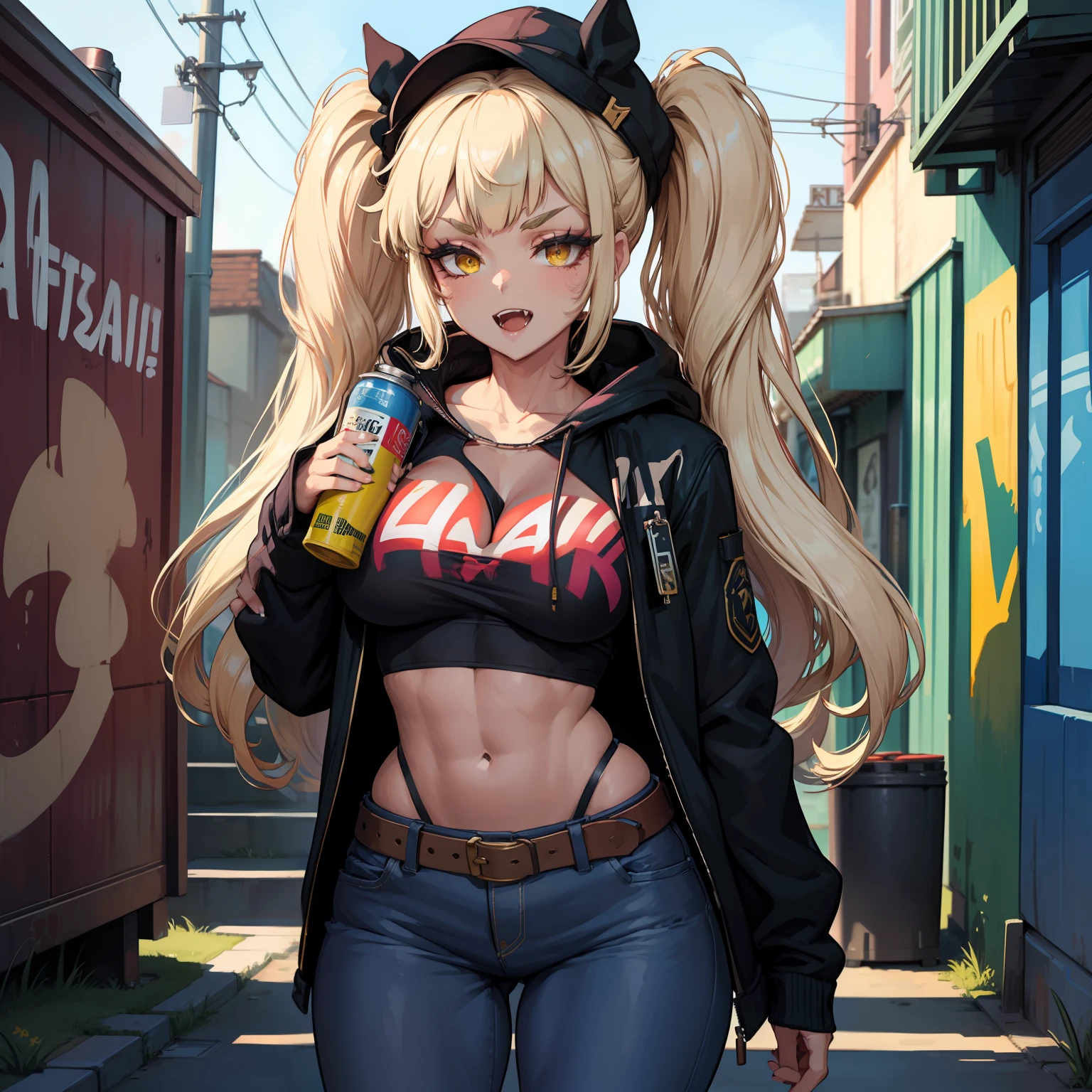 Original Character, Volumetric Lighting, Best Shadows, Shallow Depth of Field, Portrait Of Stunningly Beautiful Girl, Petite, Delicate Beautiful Attractive Face With Alluring Yellow Eyes, Messy Painted Face, Sharp Eyebrows, Broadly Smiling, Open Mouth, Fangs Out, Lovely Medium Breasts, Layered Long Twintail Blond Hair, Blush Eyeshadow, Thick Eyelashes, Applejack Hat, Oversized Pop Jacket, Mini Underboob Tee, Open Navel, Slim Waist, Denim Jeans Pants, With Buckle Belt, In The Graffiti Alley, Waste Container, Outside Stairs, Outdoor Unit, Holding Spray Paint Can, Standing, (Highest Quality, Amazing Details:1.25), (Solo:1.3), Brilliant Colorful Paintings