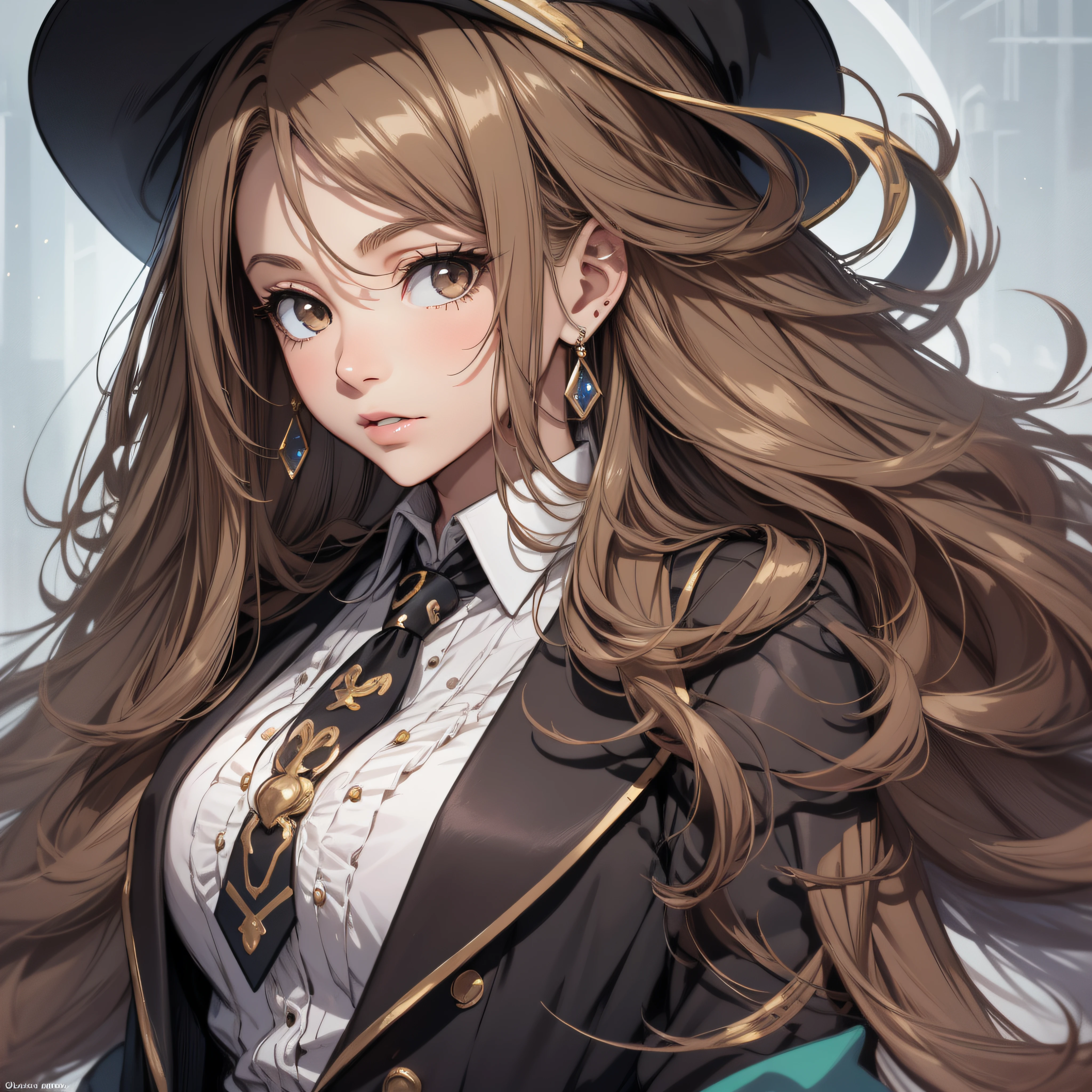 (best quality, masterpiece, ultra-detailed, extremely detailed, highres), (1girl, single, solo), 16 years old Anime girl, brown hair, long raven hair, slightly wavy hair, parted bangs, Magus, brown eyes, diamond earrings, long black coat, necktie, white shirt, black skirt, aristocrat, noble attire, beautiful, ethereal, elegant, prestigious, classic, royal building, natural lips, magic school