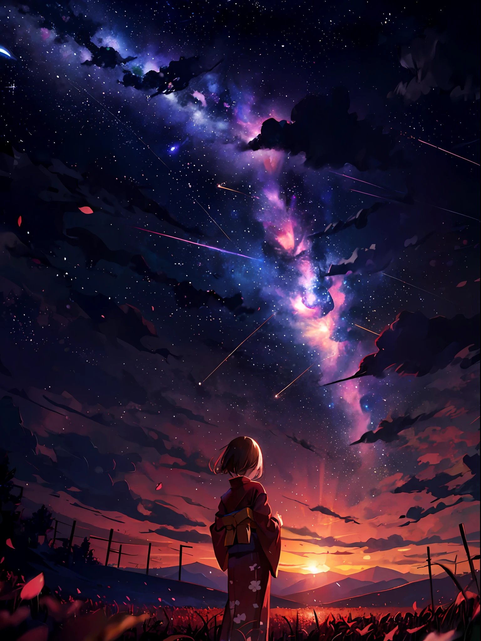 1girl, distant girl wearing a kimono staring at the stars, (zoomed out:1.1), (meteor shower:1.2), (comet:1.1), your name, low angle, from behind, aroura borealis, shooting star, yukata, red kimono, cherry blossoms, standing in a field,best quality, masterpiece,  cloud,colorful, starry,stars,