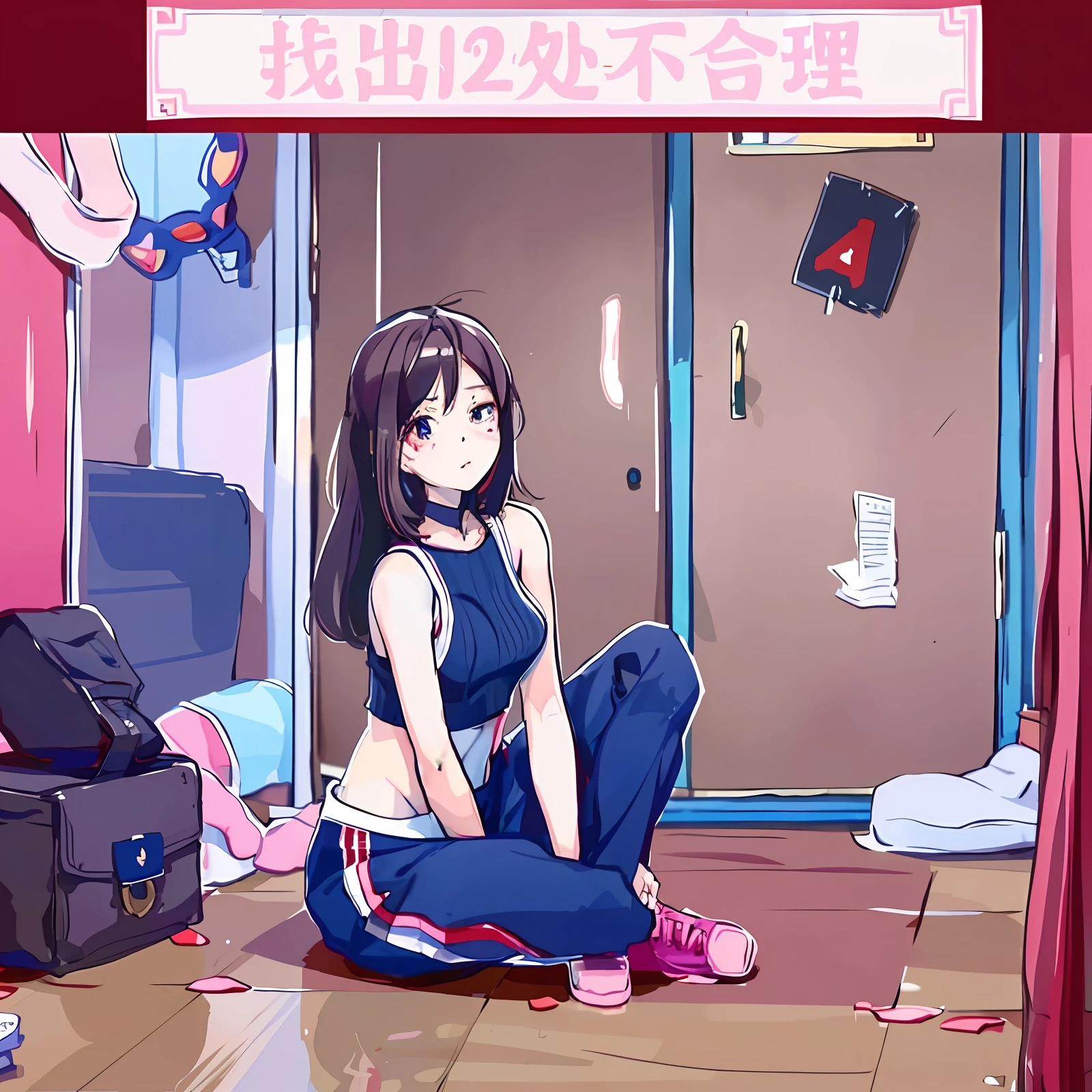 Anime girl sitting on the floor in front of the door, the anime girl is crouching, va-11 hall-a, style of madhouse studio anime, a-1 pictures, 2022 anime style, 2 0 2 2 anime style, Today's featured anime stills, inside a gang hideout, shuushuu anime image