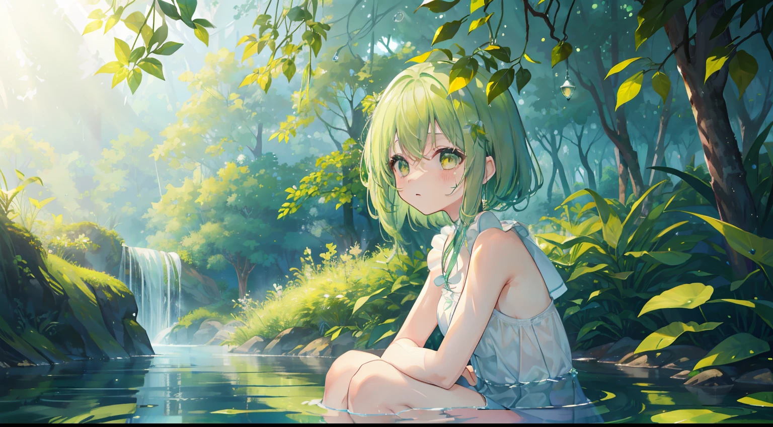 waterface、Sit up、Seiza、Sit on the water、tree shade、Leaf shadow、Green light、Morning light、beautiful reflection、Green hair、One girl、yellow  eyes、​masterpiece、Top image quality、top-quality、Eau、water dripping、morning dew、morning、cute little