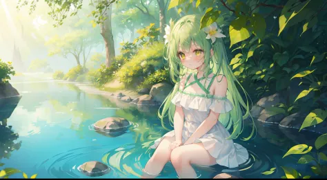 waterface、Sit up、Seiza、Sit on the water、tree shade、Leaf shadow、Green light、Morning light、beautiful reflection、Green hair、One gir...