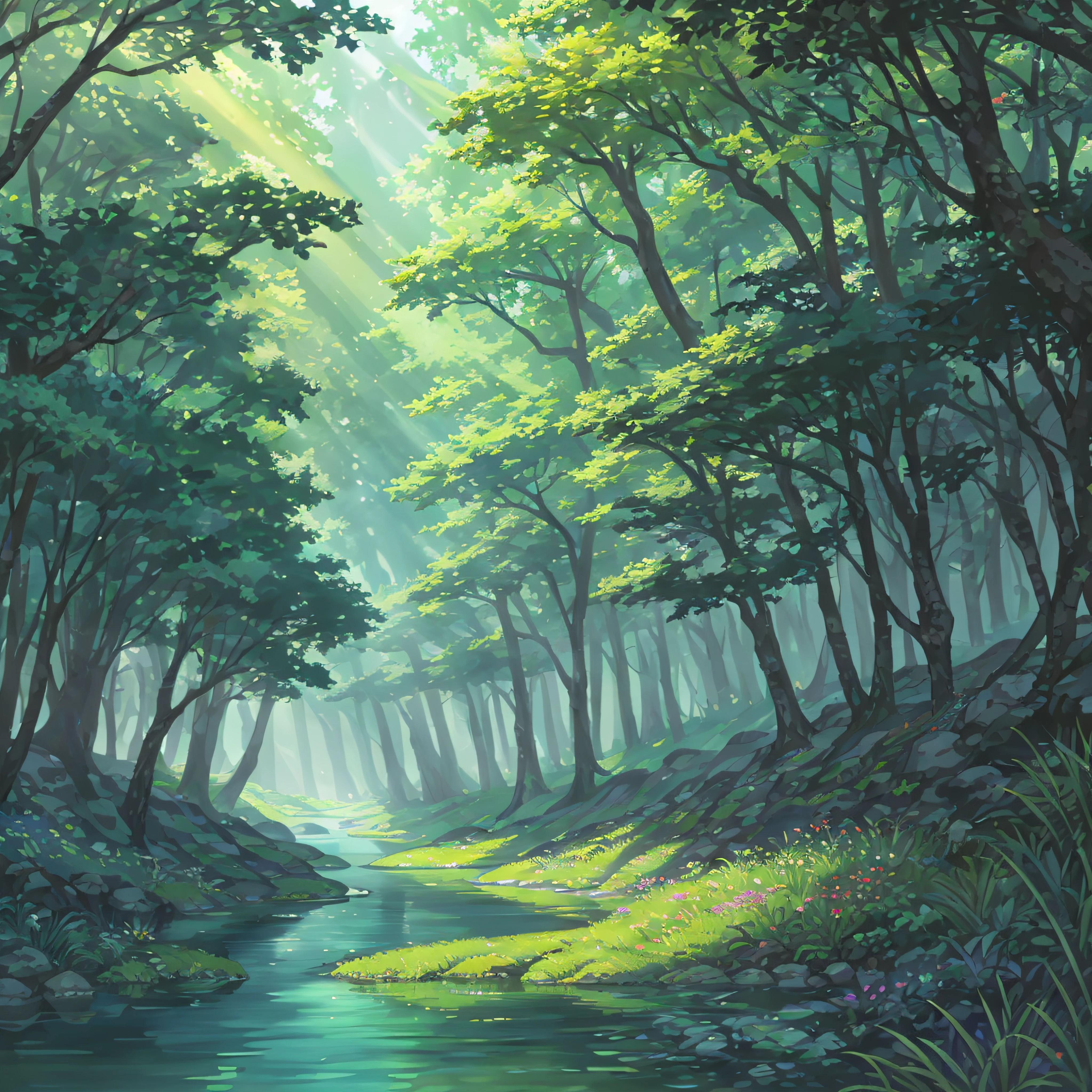 a stream running through a lush green forest filled with trees and rocks,  with a sunbeam coming through the trees - SeaArt AI