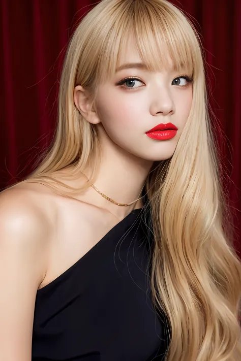 (side part, long curtain van: 1.5),plunge neckline top, long sexy hair, blonde highlight hair color, glamorous makeup