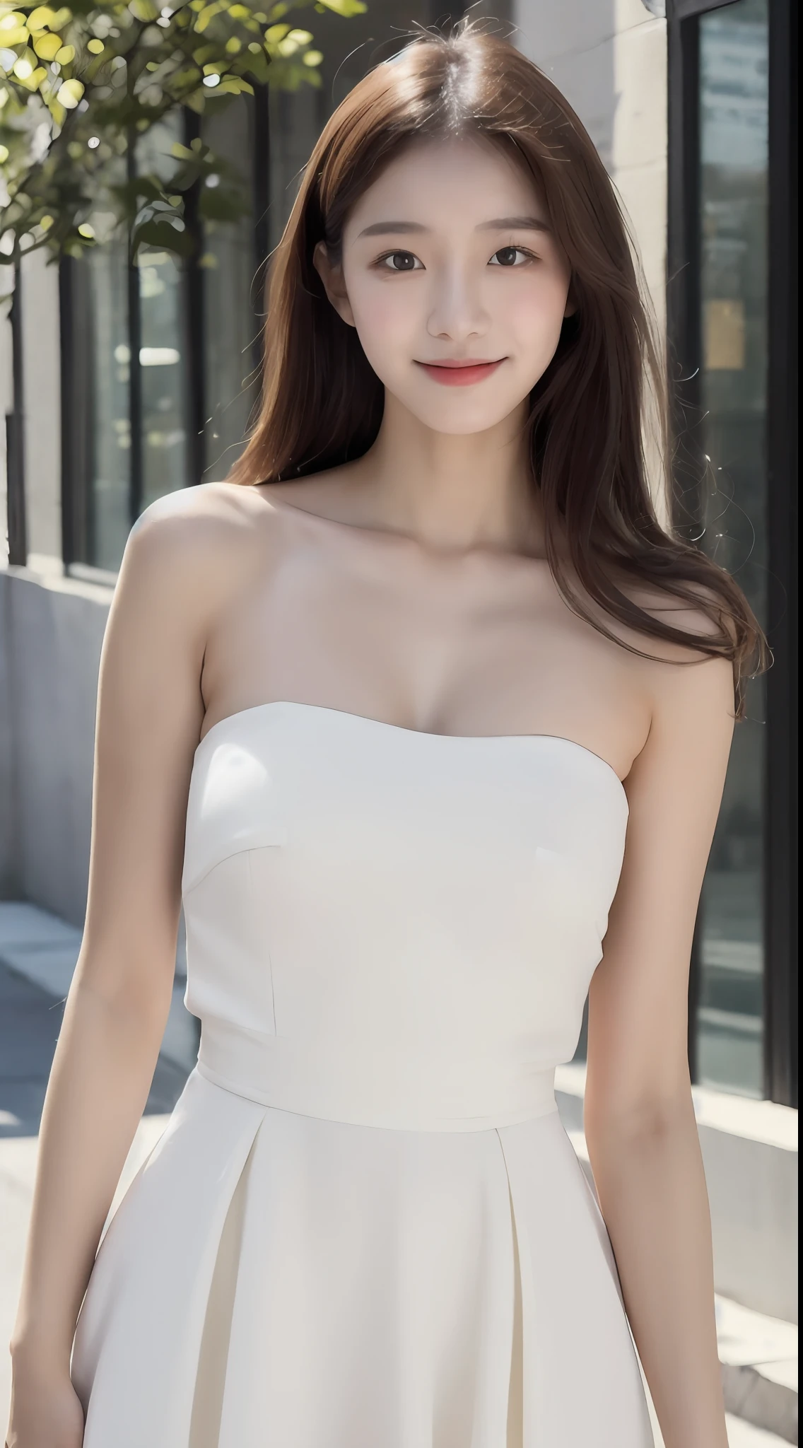 (1 Korean girl with royal sister style), ((best quality, 8k, masterpiece: 1.3)), (front photo), perfect body beauty: 1.4, (hips, extremely beautiful legs: 1.2), (smile), (Street: 1.3), highly detailed face and skin texture, delicate eyes, double eyelids, whitening skin, (shawl hair: 1.3), (round face: 1.5), (strapless dress: 1.4),