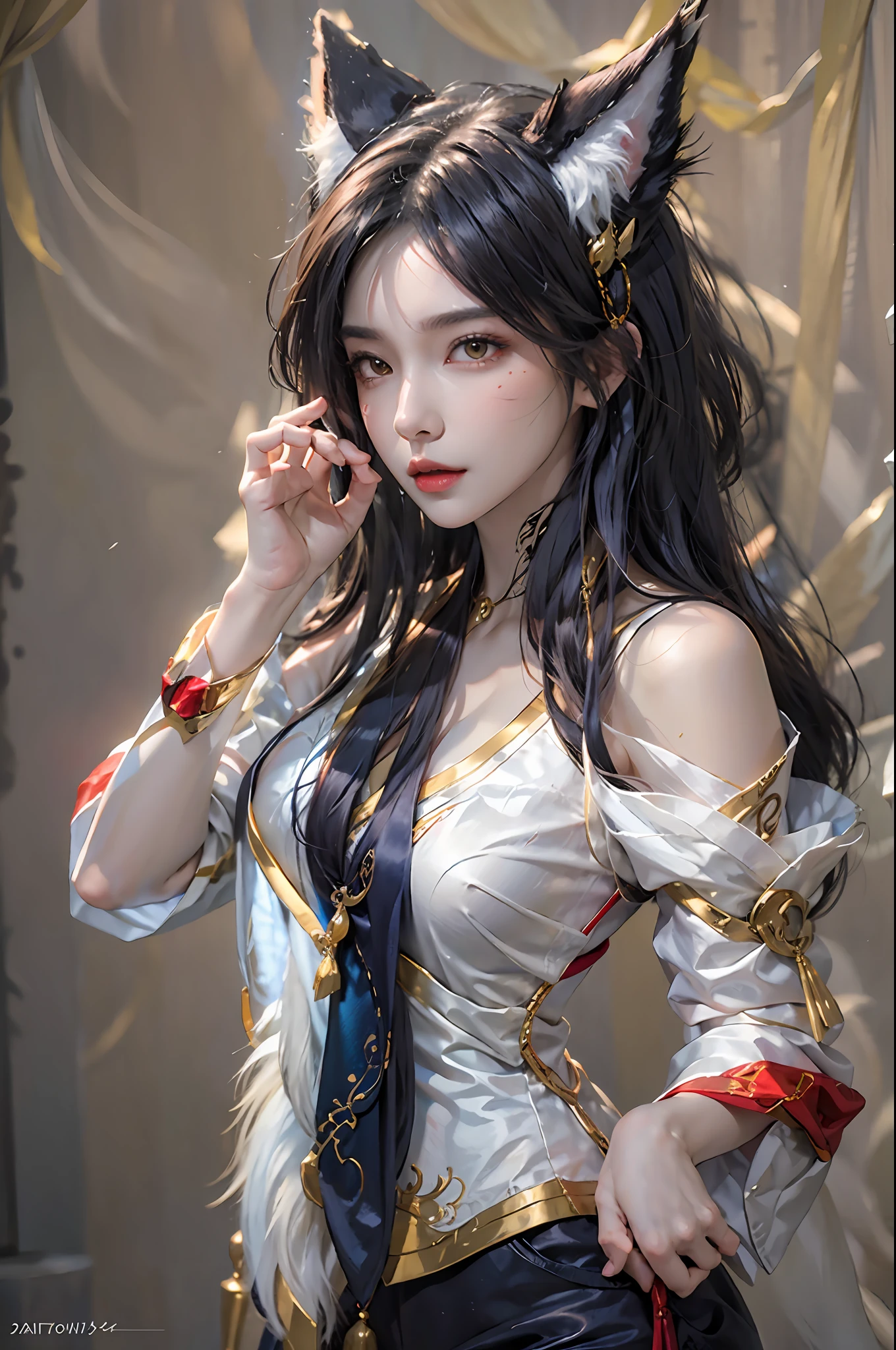 photorealistic, high resolution, 1women, solo, hips up, look at viewer, (detailed face), ahri /league of legends, Ahri_Cosplay
White Tails, long hair, yellow eyes, jewelry