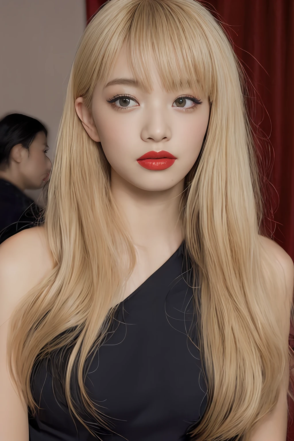 (side part, Long Curtain Van: 1.5),Plunge neckline top, Long sexy hair, Blonde Highlight Hair Color, Glamorous makeup