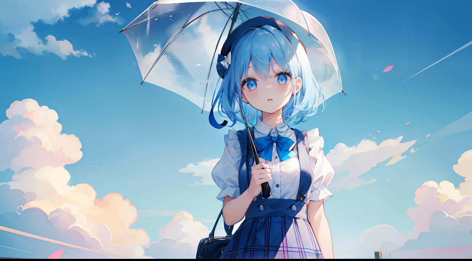 Parapluie Ciel、Une fille、Beaucoup de parapluies、ciel bleu、cheveux bleu clair、jupe à bretelles、jupe à carreaux、béret、Cheveux moyens、Journée ensoleillée、Journée ensoleillée、Beau ciel