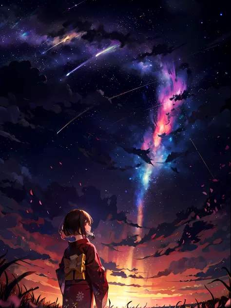 1girl, distant girl wearing a kimono staring at the stars, (zoomed out:1.1), (meteor shower:1.2), (comet:1.1), your name, low angle, from behind, aroura borealis, shooting star, yukata, red kimono, cherry blossoms, standing in a field,best quality, masterp...