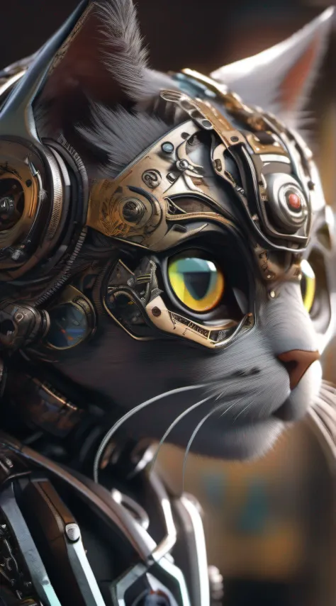 A cute kitten made of metal, robot, cyberpunk style, ((intricate details)), hdr, ((intricate details, super detailed)), cinematic footage, vignette