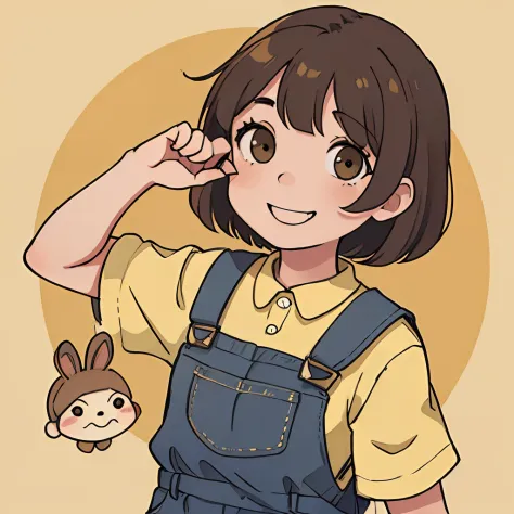 Girl with brown hair、bob-cut、Gray eyes、((Deformed))、A smile、Looking at the camera、Khaki overalls、Broken composition、((No backgro...