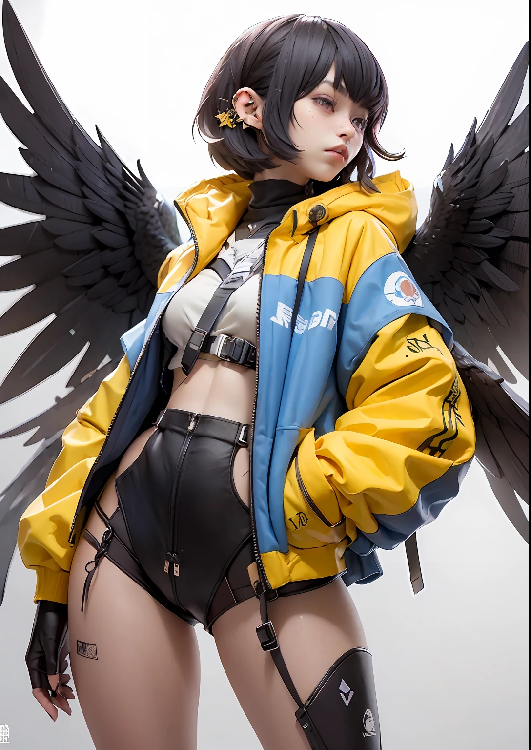 nijiloraeagle ulzzang-6500, (original: 1.2), in the style of hard surface modeling, cyberpunk samuraipunk, hyper - detailed illustrations realistic, hyper - detailed rendering, portrait, solo, charming nijigirl with mechanical - eagle - wings, wearing techwear and oversized jacket, with a hyperdetailed wet dark - yellow and cobalt and coral and black golden katana, pure color background