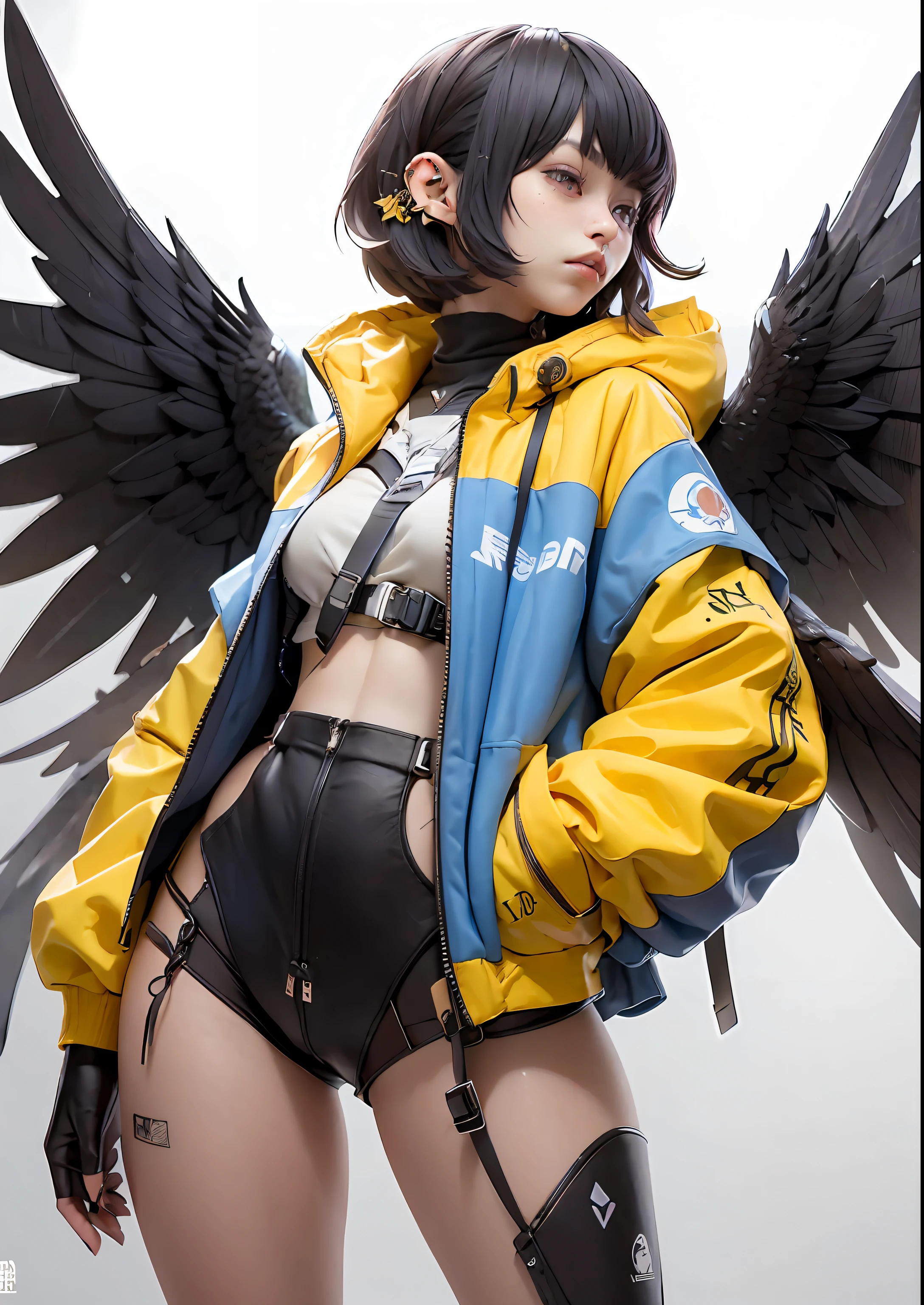 nijiloraeagle ulzzang-6500, (Original: 1.2), im Stil des Hard Surface Modeling, cyberpunk samuraipunk, hyper - detaillierte Illustrationen realistisch, hyperdetailliertes Rendering, Porträt, Allein, bezauberndes Nijigirl mit mechanischen Adlerflügeln, trage Techwear und übergroße Jacke, mit einem hyperdetaillierten nassen dunkel - gelb und Kobalt und Koralle und schwarz goldenen Katana, reiner Farbhintergrund