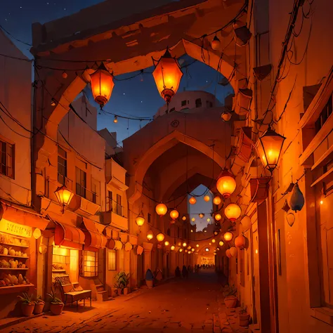 Moroccan city architecture of Morocco, Design oriental, lanternes suspendues, digital painting, Art conceptuel, illustration, co...