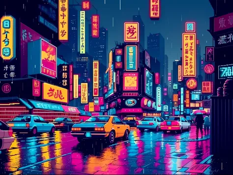 (bokeh effect), (dynamic angle), ((masterpiece)), (streets of tokyo), (zebracross), (raining), (night), empty city, dark, (neon)...