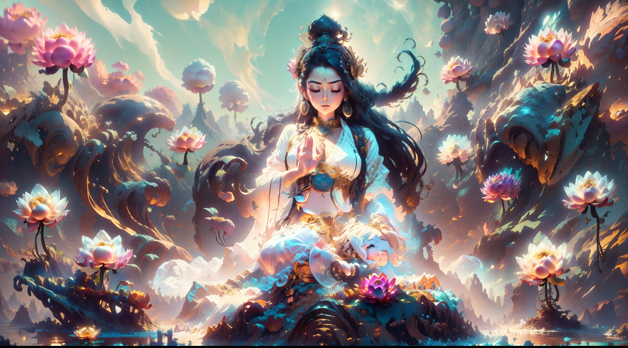 Bodhisattva in a white shirt，Guanyin Bodhisattva，angelicales，Sit in a small boat，Sit and meditate in a lotus pose，(raise both arms)，Raise your arms，Look at the audience with your eyes closed，raised head，Floating on the ground，cheerfulness，A slight smil，realisticlying，Bokeh，light particules，very highly detailed background，detailed face with，Detailed and complex busy background，Untidy，opulent，milkyW，Highly detailed hands，Realistic details of skin，Visible Pore，tack sharp focus，volume fog，8K  UHD，digital SLR camera，high qulity，filmgrain，White skin of the，photo-realism，lomo graphy，Huge metropolis in a dystopia of the future , look from down