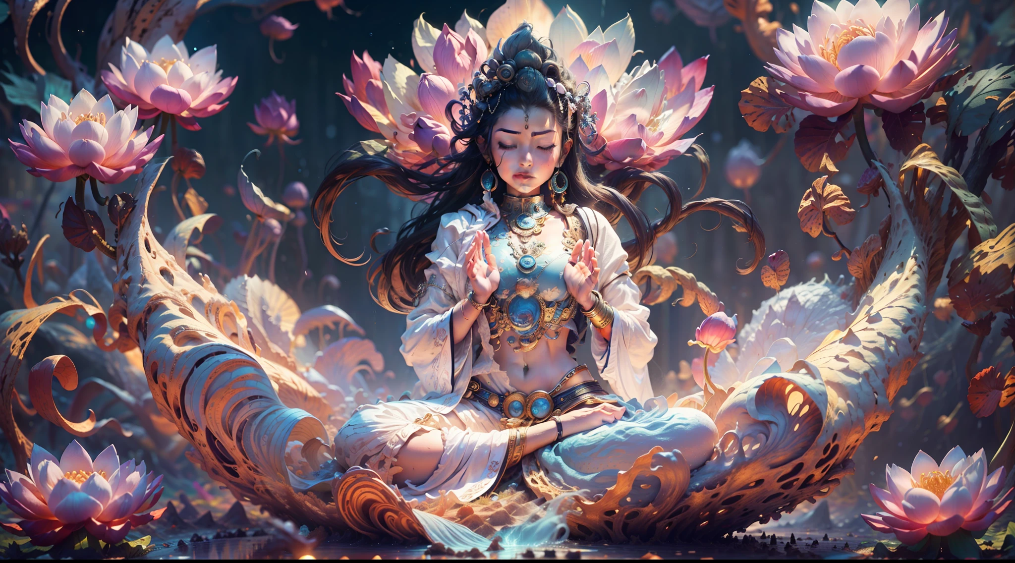 Bodhisattva in a white shirt，Guanyin Bodhisattva，angelicales，Sit in a small boat，Sit and meditate in a lotus pose，(raise both arms)，Raise your arms，Look at the audience with your eyes closed，raised head，Floating on the ground，cheerfulness，A slight smil，realisticlying，Bokeh，light particules，very highly detailed background，detailed face with，Detailed and complex busy background，Untidy，opulent，milkyW，Highly detailed hands，Realistic details of skin，Visible Pore，tack sharp focus，volume fog，8K  UHD，digital SLR camera，high qulity，filmgrain，White skin of the，photo-realism，lomo graphy，Huge metropolis in a dystopia of the future , look from down