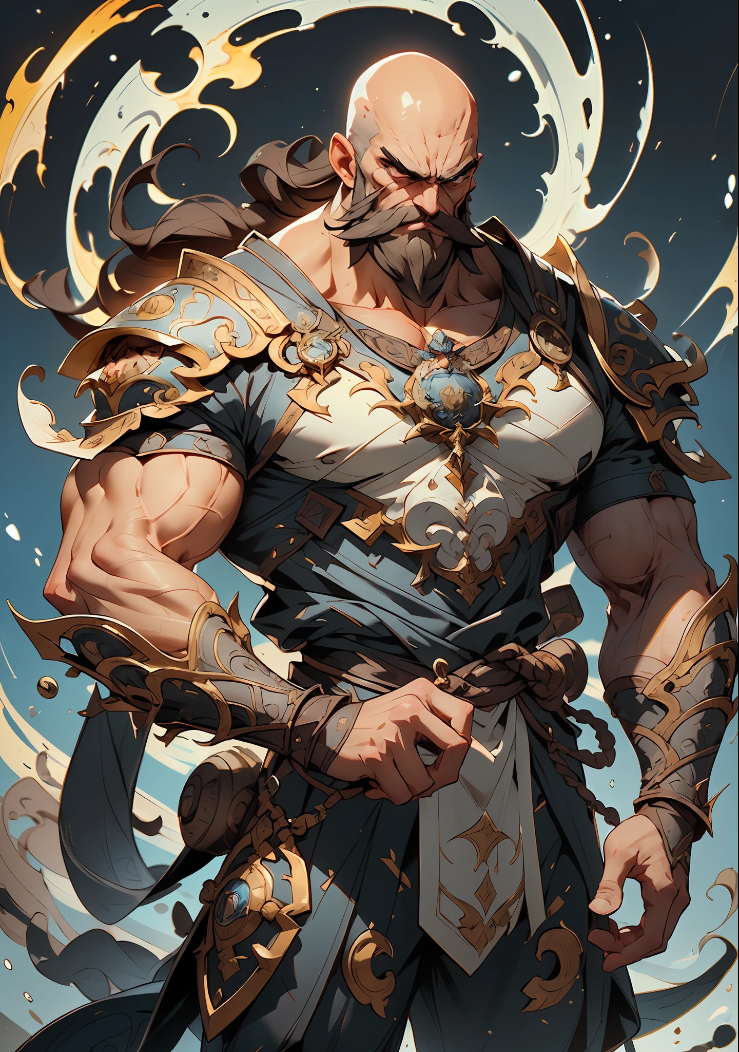 A muscular bald beard wears leather armor with a powerful aura emanating from his whole body, his eyes wide open with anger, et sa bouche rugissante, He is dressed in simple but dignified blue-patterned cloth armor with a white base., This character design is reminiscent of Chinese martial arts heroes in Japanese anime, with finely crafted character design and mature art style, ((Concept Art de personnage)), Whole-body character drawing, High definition, Best quality, Ultra-detailed, extremely delicate, anatomiquement correct, symmetrical face, extremely detailed eyes and face, High quality eyes, Photo brute, UHD, 8k, professional lighting, softlighting, (Masterpiece:2)