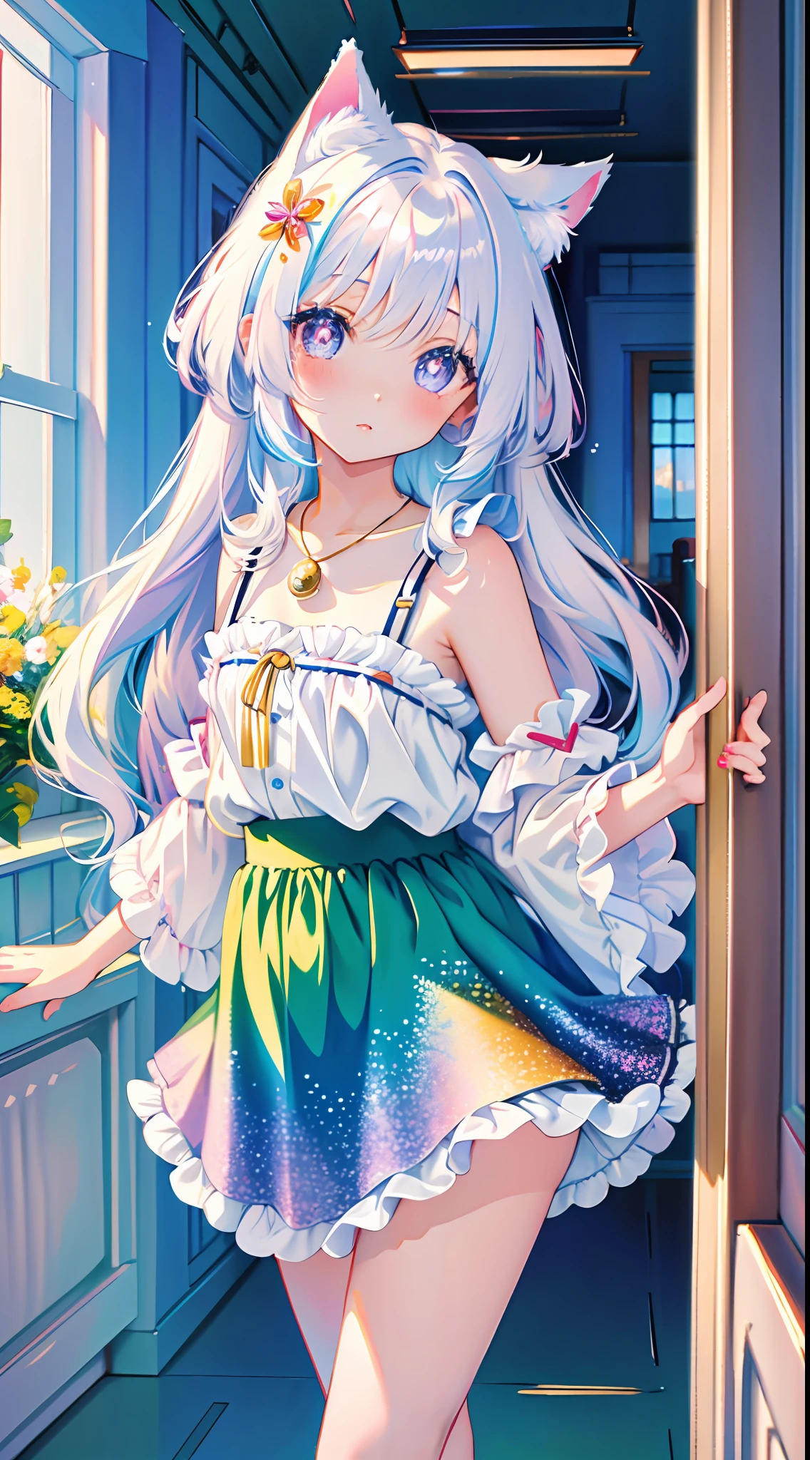 (masterpiece, high quality, highres,Highest picture quality),
BREAK
blurry background, (colorful:0.7), (eyes focus:1.2), looking at viewer, upper_body, fisheye, (indoors:1.1), cuteg, warm light, cute cat ears, 
BREAK 
1loli, standing, solo, ^ ^, (leaning_forward:1.1), arms_behind_back, (wide-eyed:1.1), head_tilt, bare shoulders, small breasts, long eyelashes, collarbone, (blush:0.95),
BREAK
shiny skin, shiny hair,(bright pupils:1.1),Curious,detailed eyes,hair ornament, long hair, two side up hair,white hair, upskirt, shiny eyes,