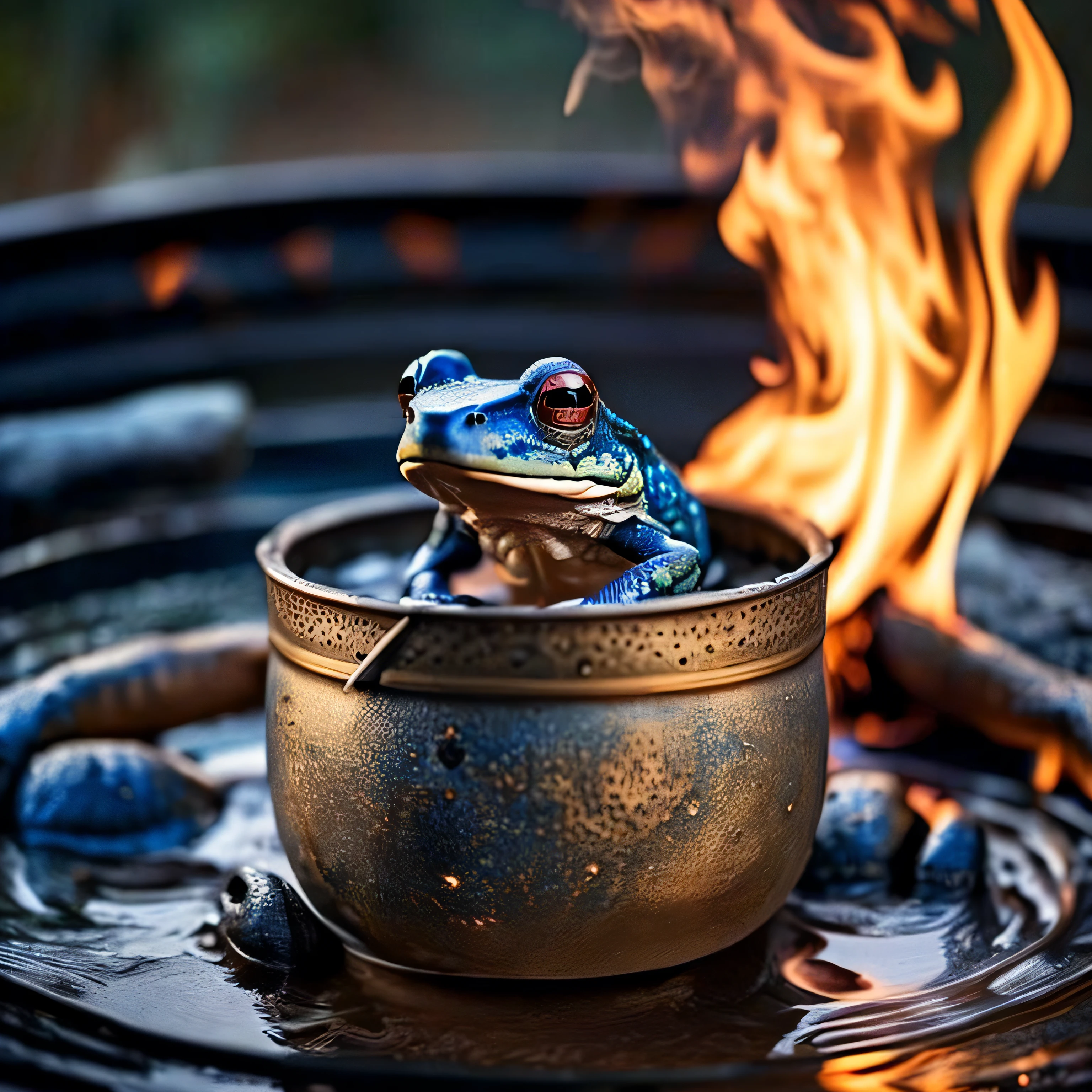 (masterpiece, best quality, intricate, ultra detailed, beautiful photo:1.4), a blue frog inside a large pot of boiling water, steam:1.5, metal pot standing on open fire with flames, National Geographic award winning animal photography, (sharp focus:1.5), (deep depth of field:1.6), wallpaper, 8k