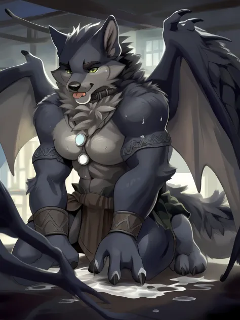 Tano， grey fur，A pair of dragon wings，Loincloth，Milk is sprinkled all over the ground， （komono， Bala）， 独奏， male，Furry male wolf ...